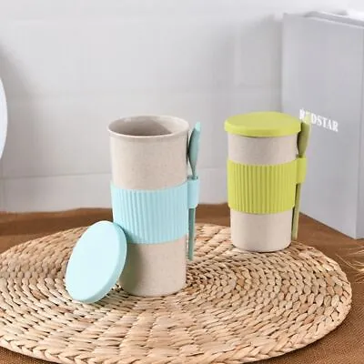 Travel With Lid Portable Wheat Straw Coffee Mug Drinkware Tea Cup Tumbler Cup • £5.33