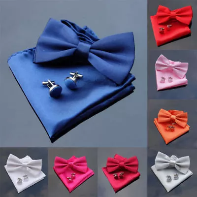 £4.49 • Buy Men 3pcs Satin/Silk Plain Pre-Tied Bow Tie Cufflinks Pocket Square Handkerchief 