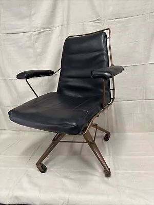 Vintage MCM Wire Padded Swivel Rolling Desk Chair Black Bronze Industrial • $375