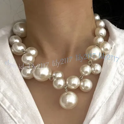 £7.90 • Buy Women's White South Sea Shell Pearl Round Beads Pendant Cluster Necklace 18''