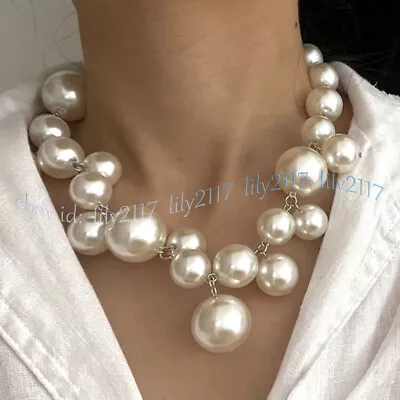 £7.90 • Buy Women's White South Sea Shell Pearl Round Beads Pendant Cluster Necklace 18''