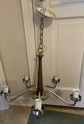 Vintage Mid Century Modern Teak Wood And Metal 5-Arm Electric Chandelier • $48