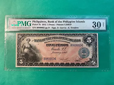 1912 BANK OF PHILIPPINES ISLANDS 5 PESOS B980662  P-7b PMG VF 30 NET • $499.99