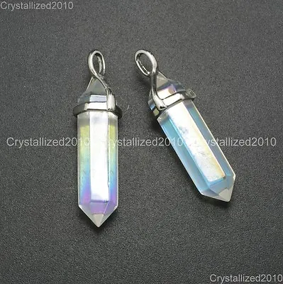 Natural Gemstone Hexagonal Crystal Quartz Colorful AB Healing Pendant Beads Pick • $2.22