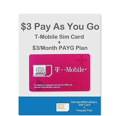 T-Mobile Prepaid Pay As You Go $3/Month Plan And Sim Card $0.1 Per Text/Min • $29.99