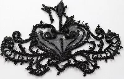 Vintage Antique Mourning Edwardian Victorian French Applique Jet Beads 5.5  X 3  • $14