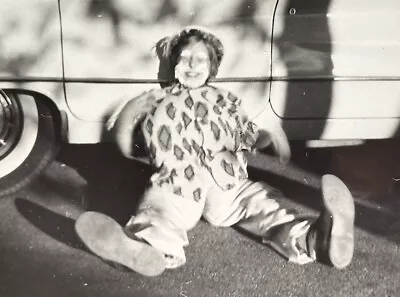 Vintage Photos Strange Bizarre Boy Dressed As Clown Sitting With Car In Driveway • $0.32