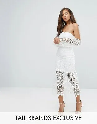 BNWT Jarlo Tall Bardot Cutwork Lace Midi Dress White Sz 10 Price On ASOS At £110 • £16.49