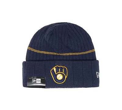 New Era Men's Beanie Milwaukee Brewers Thermal Guard Navy Blue Striped Knit Hat • $15