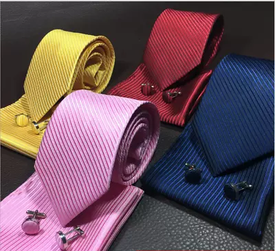 Men's Silky Swirl Jacquard Woven Striped Tie + Pocket Square + Cufflinks Set UK • £6.99