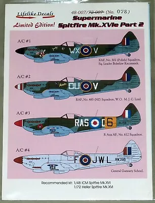 Lifelike Decals 48-007 Spitfire Mk.XVIe Decal Sheet In 1:48 Scale • £9