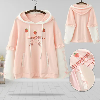Kawaii Clothing Ropa Harajuku Strawberry Fleece Hoodies Sweatshirt Pullover Coat • £20.83