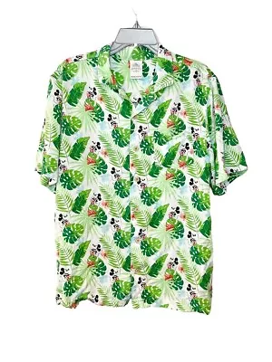 Disney Men's Shirt M Green Floral Mickey Mouse Tropical Island Hawaii Luau Beach • $35