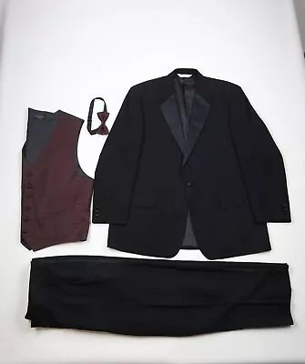 Vintage Mens 46L 4 Piece Wool Satin Striped Tuxedo Suit Bow Tie Vest Black 41x29 • $249.95