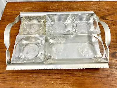 Vintage Mid Century Stoneware Hand Hammered Aluminum Tray W/ Glass Serving • $39.99