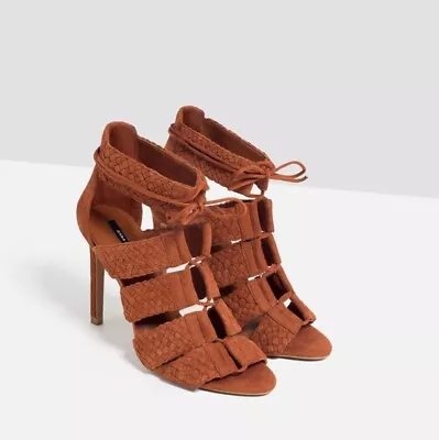 Zara Brick Red Braided Lace-Up Heel Suede Sandals Size 41 • $32