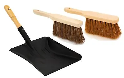 Metal Coal Shovel And Hand Brush Set Wooden Fireside Dust Pan Soft Stiff Brushes • £9.99