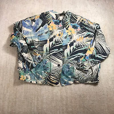 Zara Jacket Womens Large Tropical Floral Print Linen Blend Bomber Jacket  Blue • $14.44