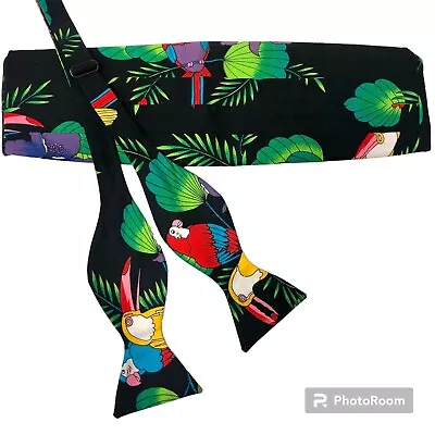 NOS New Vtg 80's 2 Pc Set PARROT PARADISE Bow Tie TROPICAL Birds Cummerbund • $99.99