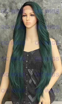 Long Straight Heat Safe Lace Front Human Hair Blend Wig Dark Green Rooted EVFA • $92.85