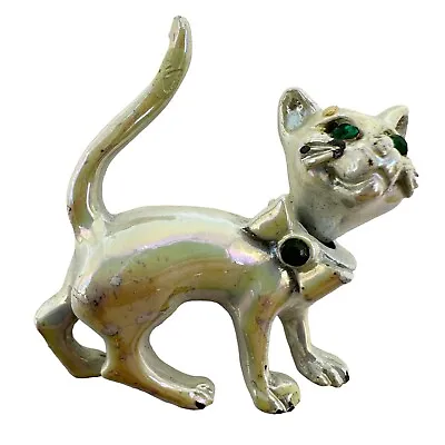 Vtg White Opalescent Green Rhinestone Articulated Neck Cat Brooch • $20.92