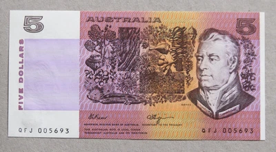 $6.50 • Buy $5 Five Dollar Australian Paper Note Fraser Higgins Qfj 005693 Offset Cut Error
