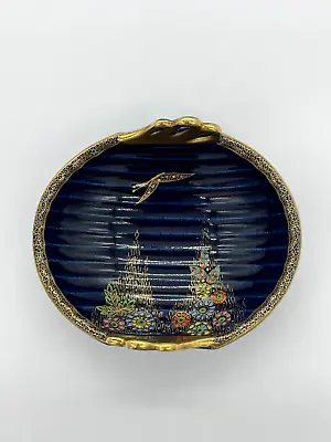 Vintage Art Deco Crown Devon Fieldings Blue & Gold Dish W Flowers  C1930s • $45