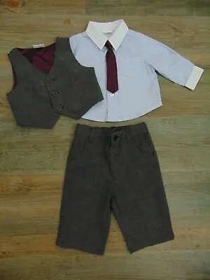 Baby Boys Grey Suit Trousers Waistcoat Blue Pin Stripe Shirt Burgundy Tie 0-3 • £9.99