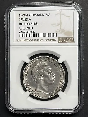 1909A Germany 3 Mark Prussia Silver Coin NGC AU Details Luster • $55