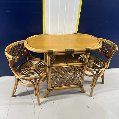 Retro Vintage Bamboo Table & Chairs - Bistro Set - Cane Rattan Wicker - Boho? • £169.99