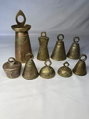 Collection Of 9 Vintage Antique Brass Bronze Bells Possibly From India • $150