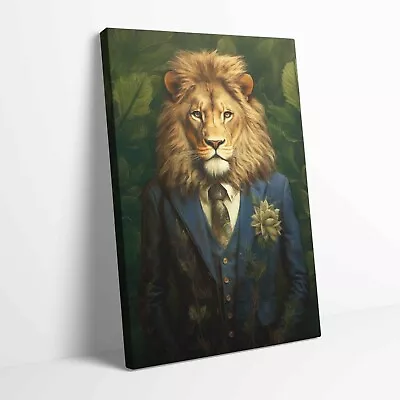 Lion In Suit Portrait Animal Stretched Canvas Or Unframed Poster Art More Sizes • £12.99