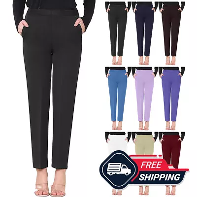 Ladies Half Elasticated Waist Trousers 2 Pockets Pants Bottoms UK Size 8-24 • £7.39