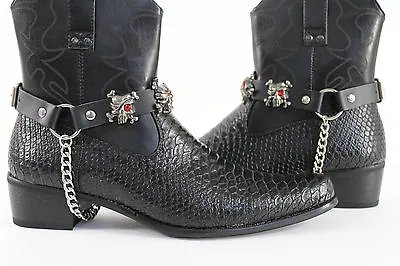 $28.99 • Buy Biker Western Boots Bracelets Chain Black Leather 2 Straps Silver Skull Skeleton