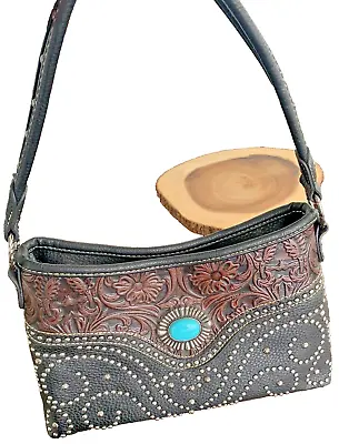 Montana West Trinity Ranch Black Studded Turquoise Concho Tooled Leather Purse • $44.99