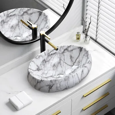 Compact Marble Grain Vanity Basin Wash Sink Ceramic ​Vessel Bowl Toilet Bathroom • £49.95