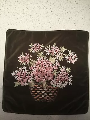 Vintage Green Velour Pillow Cover Embroidered Ribbon Floral Basket Design 15” • $19.99