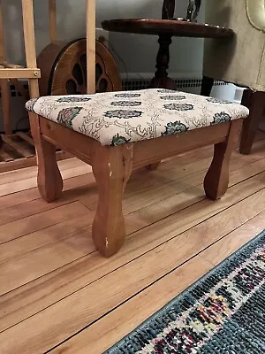 Vintage Upholstered Wooden Footstool With Pattern Fabric And Oak Legs • £33.78