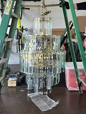 Mid-Century Modern 5-Tiered Greenish Crystal Chandelier With Polished Brass READ • $400