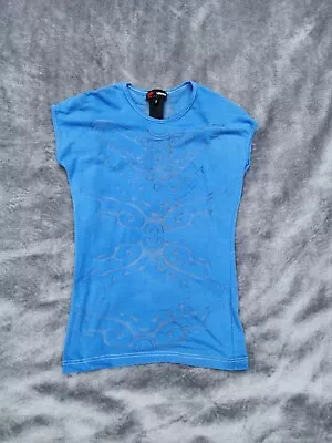 Versace Sport Women's Tee Size XS S Sheer Spell Out Logo Pattern Blue • $49.99