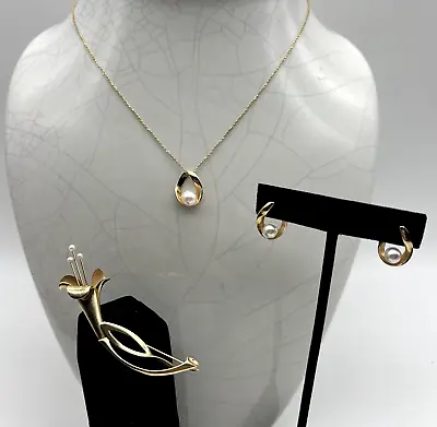 Vintage Na Hoku 14k Gold & Pearls Fine Jewelry Set Brooch Earrings & Necklace • $719.99
