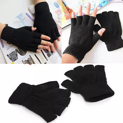 Black  WOOL Winter Fingerless Gloves Warm Winter Unisex Ski Gloves Freesize • $4.95