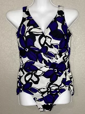 Miraclesuit Swimsuit Size 16W Purple Black White Floral Slimming Side Ruching • $38.97