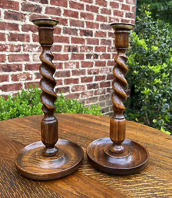 Antique English Barley Twist Candlesticks Candle Holders Oak PAIR 12.5  Tall • $389