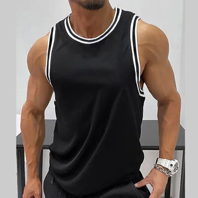 Mens Muscle Gym Vest Racer Back Tank Vest Training Basketball Jersey T-Shirt Top • £10.09