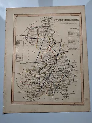 County Map Of Cambridgeshire England Hand Coloured C1860 • £7