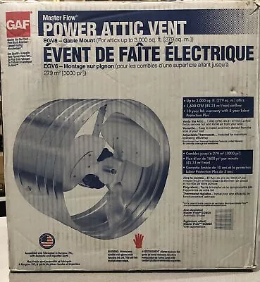 GAF MasterFlow EGV6 Power Attic Vent Attics Up To 3000 Sq.ft. 1600 CFM Air Flow • $59.95