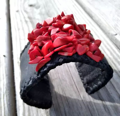 Vintage Genuine Red Coral & Leather Cuff Unique Wide Bracelet Punk Adjustable • $38