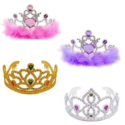 Girls Birthday Party Fancy Dress Silver Gold Tiara Crown Plastic Pink Fur Trim  • £7.21