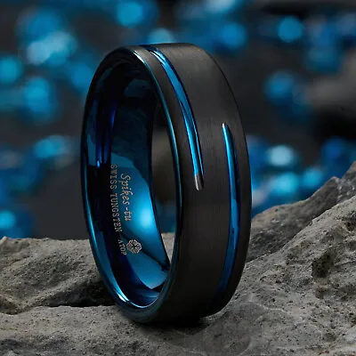 ATOP 8mm Black Blue Line Tungsten Ring Men Carbide Classic Creative Wedding Band • $18.89